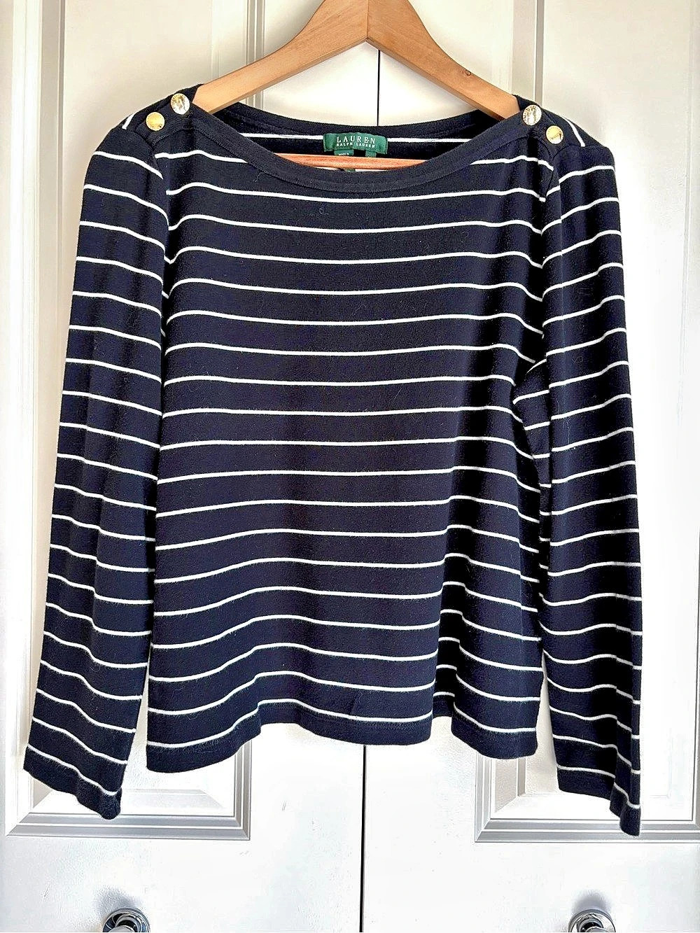 Lauren Ralph Lauren Striped Boatneck Sweater with Gold Shoulder Buttons Black &